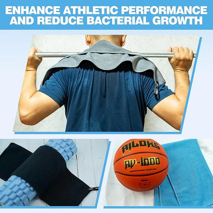 Microfiber Gym Towels with Snap Straps, Yoga Towel for Home and Gym, 16 Inch x 28 Inch, 6 Pack (Black/Blue, 16" x 28")