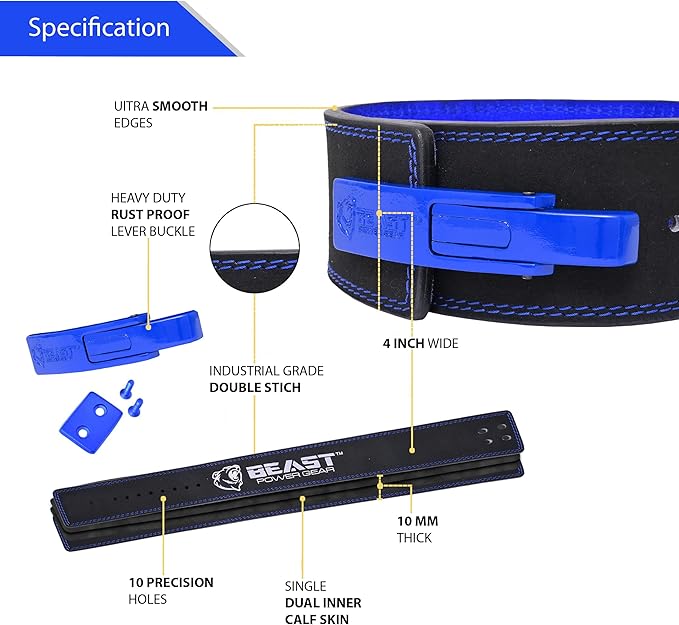 Beast Power Gear Weight Lifting Belt Lever Buckle 10MM 13MM Thick & 4 Inches Free Strap Weightlifting, Powerlifting, Deadlifts, Squats Men Women