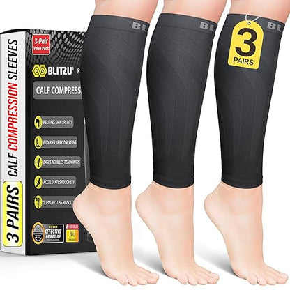 BLITZU 3 Pairs Calf Compression Sleeves for Men and Women. Footless Compression Socks & Leg Support for Running, Travel, Nursing, Fitness. Shin Splints Pain Relief & Reduce Swelling Black 4XL