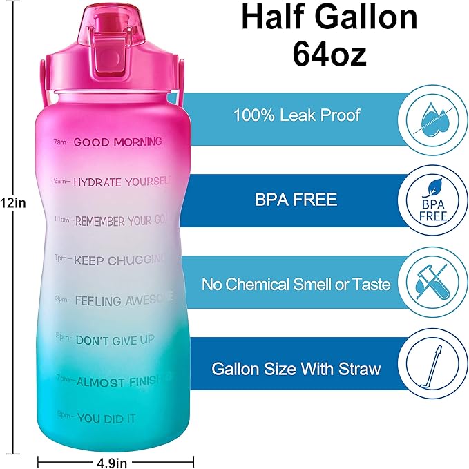 EYQ 64oz/128oz Leakproof Free Drinking Water Bottle with Motivational Time Marker BPA Free for Fitness, Gym and Outdoor Sports