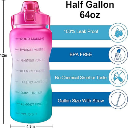 EYQ 64oz/128oz Leakproof Free Drinking Water Bottle with Motivational Time Marker BPA Free for Fitness, Gym and Outdoor Sports