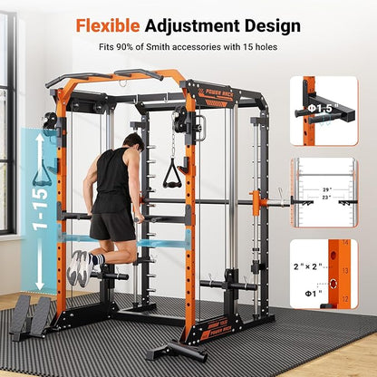 YOLEO Smith Machine & Squat Rack Combo, Multi-Functional Power Racks with Adjustable Width & Pull-Up Bar, Cable Crossover Power Cage, Independent Dual-Pulley System for Home Gym Garage Basement