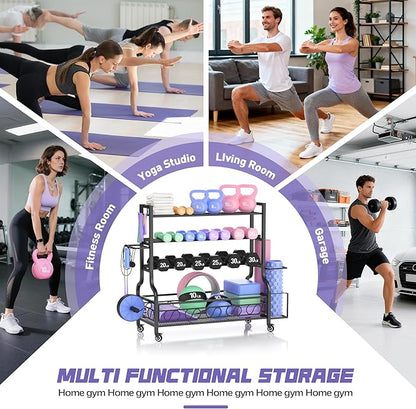 PARTPHONER Adjustable Dumbbell Rack, Weight Rack for Home Gym Storage, Home Gym Storage for Stores Dumbbells, Kettlebells and Yoga Mats, All in One Workout Storage Racks with Wheels and Hooks, Durable Powder Coated Steel