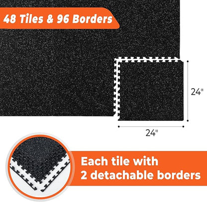 SUPERJARE 0.4'' Thick 48 Pcs 192 Sq Ft Rubber Top Exercise Equipment Mats, High Density EVA Foam Mats with Rubber Top, Interlocking Gym Flooring for Home Gym, Protective Workout Mat, Black/Grey