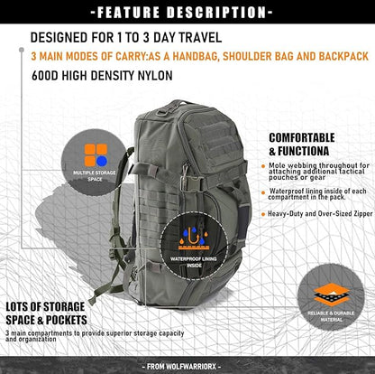 Travel Duffle Bag Backpack for Men - Large Tactical Bags Weekender Gym Bag for Overnight Traveling Military Workout Deployment Sports (Green, 25L)