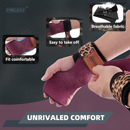 Frelaxy Lifting Wrist Straps Women and Men, Weight Lifting Grips with Cushion Wrist Loop, Double Layer Leather and Storage Pouch, Gym Workout Straps for Deadlift and Powerlifting