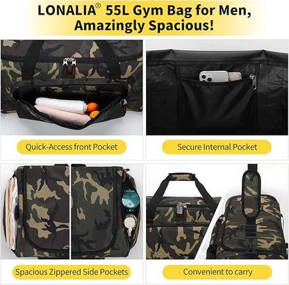 55L Large Sports Duffle Bag for Men - 22 inch Men's Gym Bag Heavy Duty Duffel Bag (Camo)