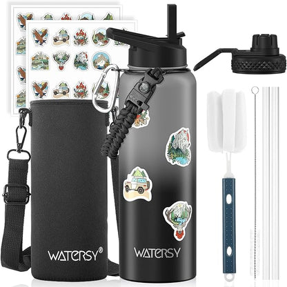 40oz Insulated Water Bottle (Cold for 48 Hrs),BPA Free&Leak Proof,Stainless Steel Water Flask,Water Jug with Straw Spout Lids for Gym,Hiking,Travel,Grey Black