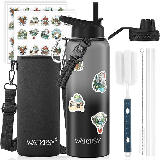 40oz Insulated Water Bottle (Cold for 48 Hrs),BPA Free&Leak Proof,Stainless Steel Water Flask,Water Jug with Straw Spout Lids for Gym,Hiking,Travel,Grey Black