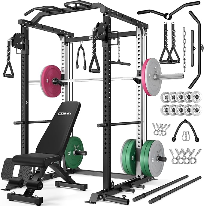 DP01 Power Cage, 2000LBS Squat Rack with with Cable Crossover and Dual Independent Pulley System, Full Cage for Full Body Training, Power Rack with More Training Attachments for Home Gym
