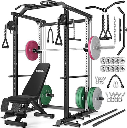 DP01 Power Cage, 2000LBS Squat Rack with with Cable Crossover and Dual Independent Pulley System, Full Cage for Full Body Training, Power Rack with More Training Attachments for Home Gym