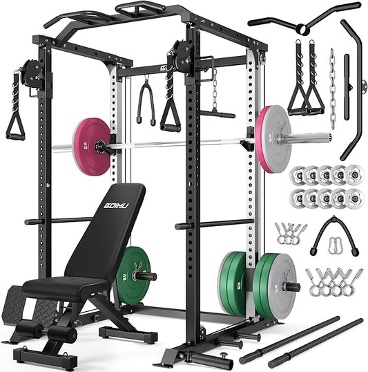 DP01 Power Cage, 2000LBS Squat Rack with with Cable Crossover and Dual Independent Pulley System, Full Cage for Full Body Training, Power Rack with More Training Attachments for Home Gym