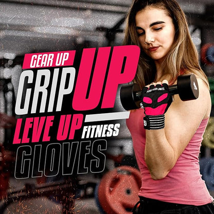 QTF Weight Lifting Gym Workout Gloves with Long Wrist Strap, Fingerless Gym Gloves for Men & Women, Full Palm Protection, for Weightlifting, Training, Fitness, Hanging