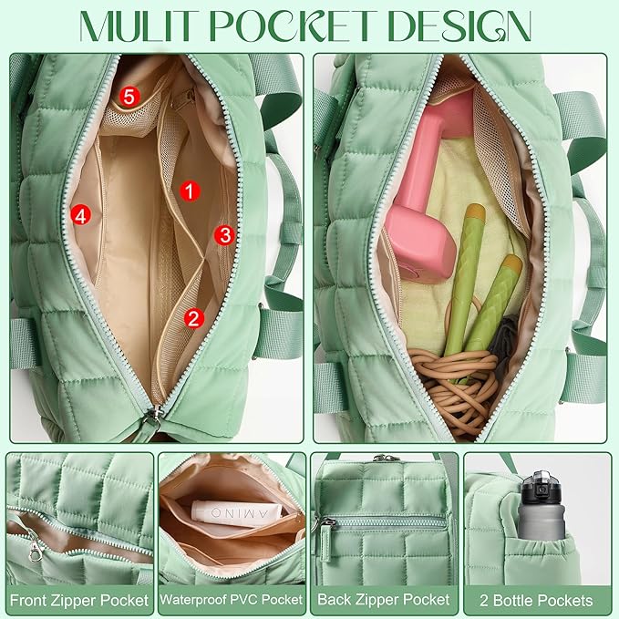 Small Gym Bag for Women, Puffy Sports Duffel Bag with Yoga Mat Holder, Gym Tote Bag with Wet Pocket & Coin Wallet, Carry on Bag for Workout Dance Pilates Ballet Swimming Travel