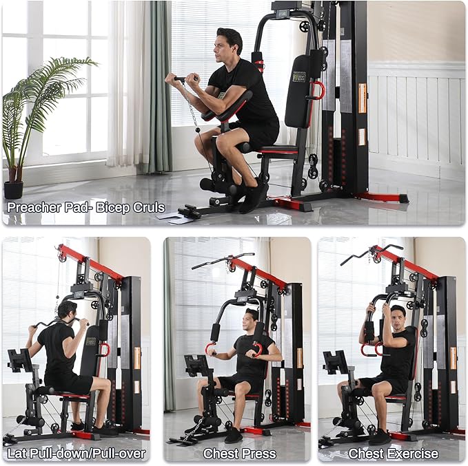 Fitvids Home Gym Equipment, Multifunctional Full Body Workout Weight Machine Station with Weight Stack, All in One Exercise Equipment with Pulley System & Seated Rowing for Home Gym Strength Training