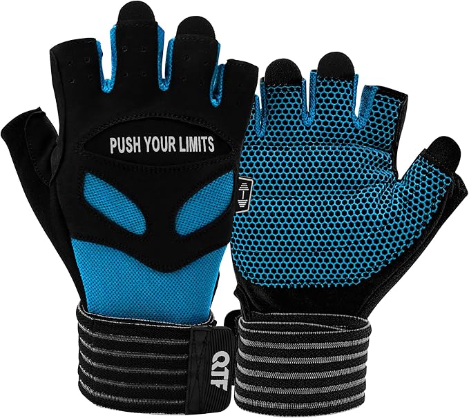 QTF Weight Lifting Gym Workout Gloves with Long Wrist Strap, Fingerless Gym Gloves for Men & Women, Full Palm Protection, for Weightlifting, Training, Fitness, Hanging