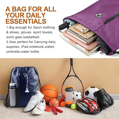 BeeGreen Purple Drawstring Backpack Gym Bag For Men & Women – Sports Sackpack with Mesh Water Bottle Holder & 2 Zippered Pockets – Large 16x20 Inch Cinch String Backpack
