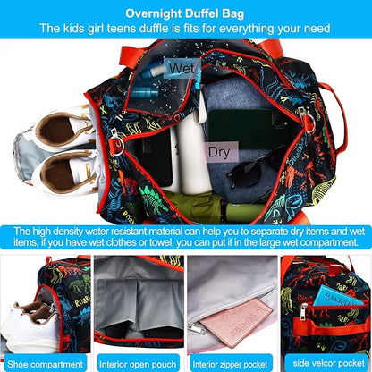 Gym Travel Duffle Bag for Boys - Sports Dance Bag with Shoe Compartment & Wet Pocket Binosaur Kids Travel Bag Teens Weekender Sleepover Carry On Bag