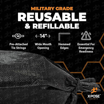 Xpose Safety Heavy Duty Sand Bags with Tie Strings – Empty Woven Polypropylene Sandbags for Hurricane Flood Protection, 100 lb Capacity, 14" x 26", Black, Bulk Half Pallet Pack of 4000