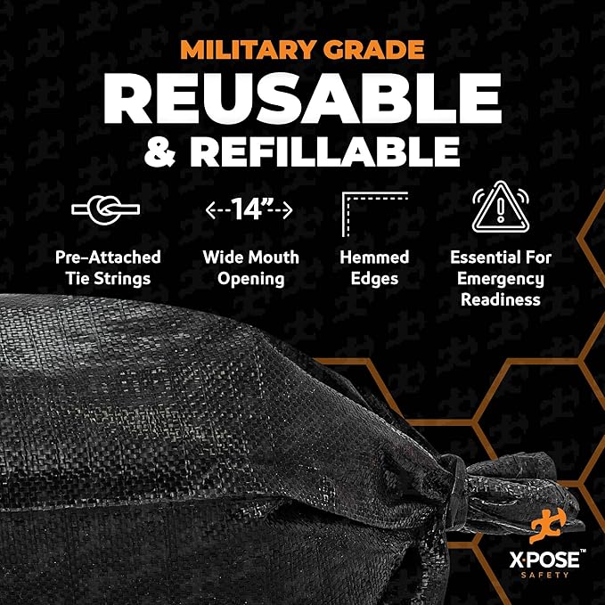 Xpose Safety Heavy Duty Sand Bags with Tie Strings – Empty Woven Polypropylene Sandbags for Hurricane Flood Protection, 100 lb Capacity, 14" x 26", Black, Bulk Full Pallet Pack of 8000
