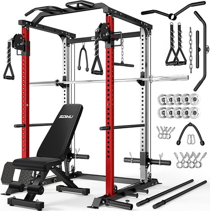 DP01 Power Cage, 2000LBS Squat Rack with with Cable Crossover and Dual Independent Pulley System, Full Cage for Full Body Training, Power Rack with More Training Attachments for Home Gym