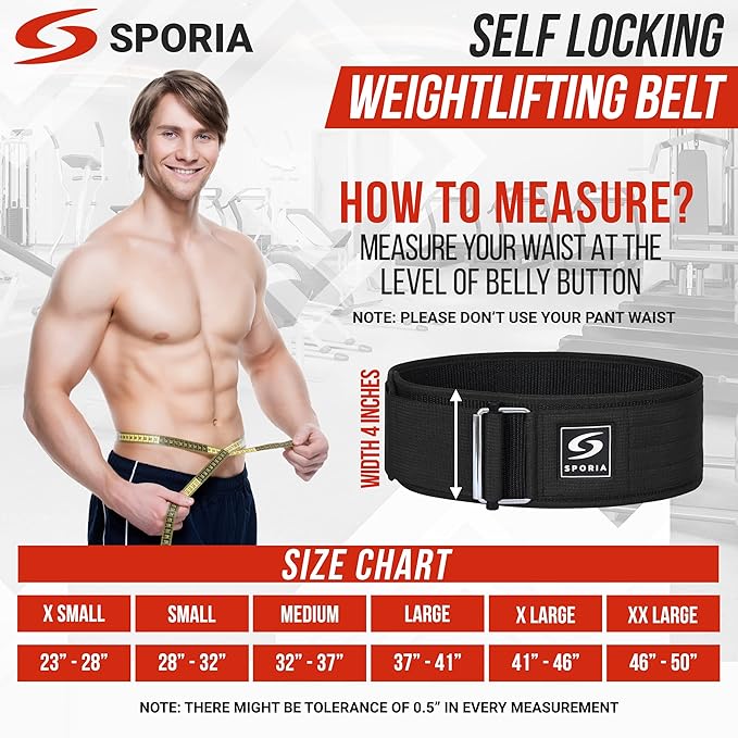 SPORIA Self-Locking Weight Lifting Belt | 4 inch Back Support | Includes Lifting Straps