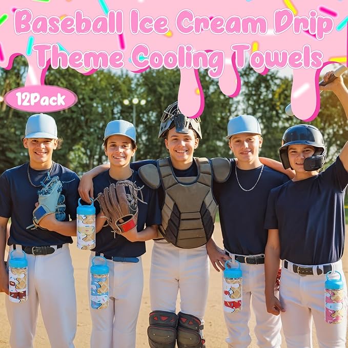 12 Pack Ice Cream Drip Baseball Cooling Towels for Boys, Ice Cream Print Sports Towels with Bags, 40"x12" Breathable Chilly Towel, Colorful Summer Microfiber Towel for Sport Team Gift Beach