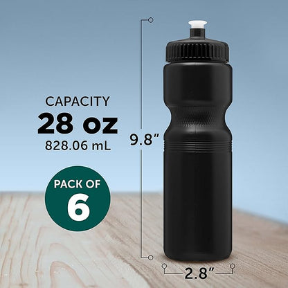 DISCOUNT PROMOS 28 oz. Push Cap Plastic Water Bottles Set of 6, Bulk Pack - Perfect for Gym, Hiking, Camping, Outdoor Sports - Black
