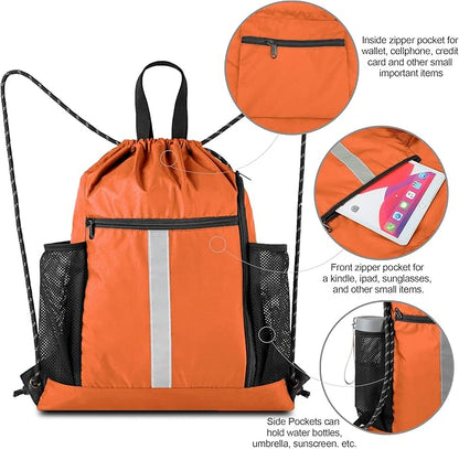 BeeGreen Orange Drawstring Backpack Bag Cinch Sack with Shoe Compartment and Two Side Mesh Pockets Lightweight Large Sturdy Drawstring Gym Sackpack For Unisex
