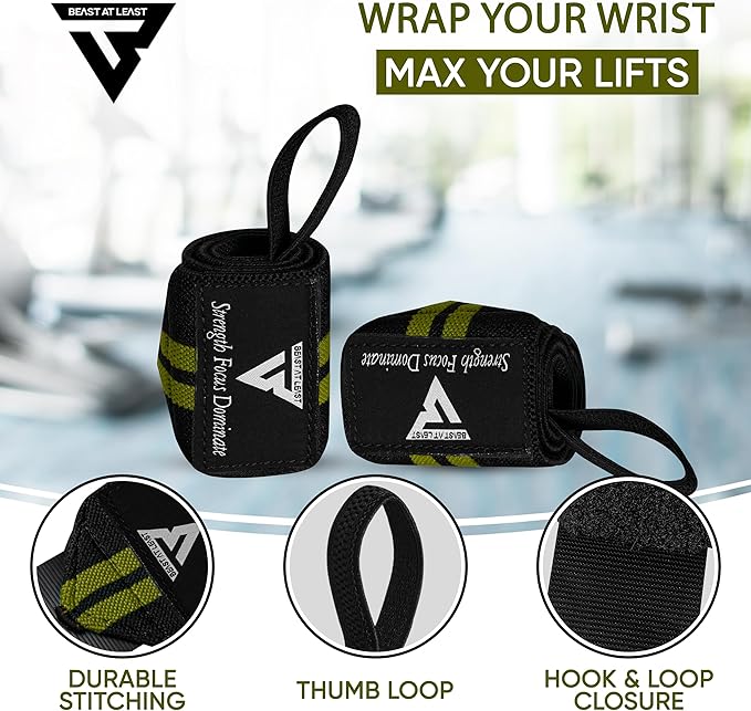 Weight Lifting Wrist Wraps – 18” Cotton Wrist Support with Thumb Loop – Gym Straps for Workout Powerlifting Weightlifting Fitness Strength Training, Stiff Wrist Straps