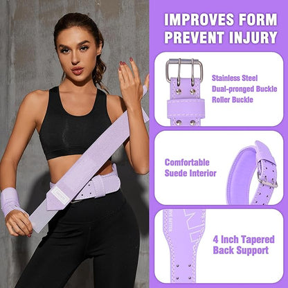 Weight Lifting Belt 4 inch Leather Belt Foam Padded Back Support Gym Belt for Bodybuilding Squat Deadlift Weightlifting Belt Women Free Wrist Wrap