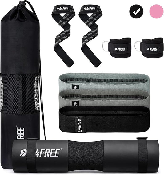 G4Free 9Pcs Barbell Pad Set for Squat, Hip Thrusts, Lunges, Leg day, Standard Olympic Bars with 2 Gym Ankle Safety Straps, 3 Hip Resistance Bands, 2 Lifting Strap, Barbell Pad, and Carry Bag