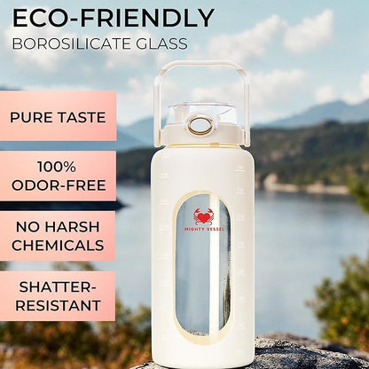 64 Oz Water Bottle with Time Marker & Straw - White Pregnancy 2 Liter Glass Water Bottles with Measurements - Daily intake bottle - Leakproof Borosilicate jug