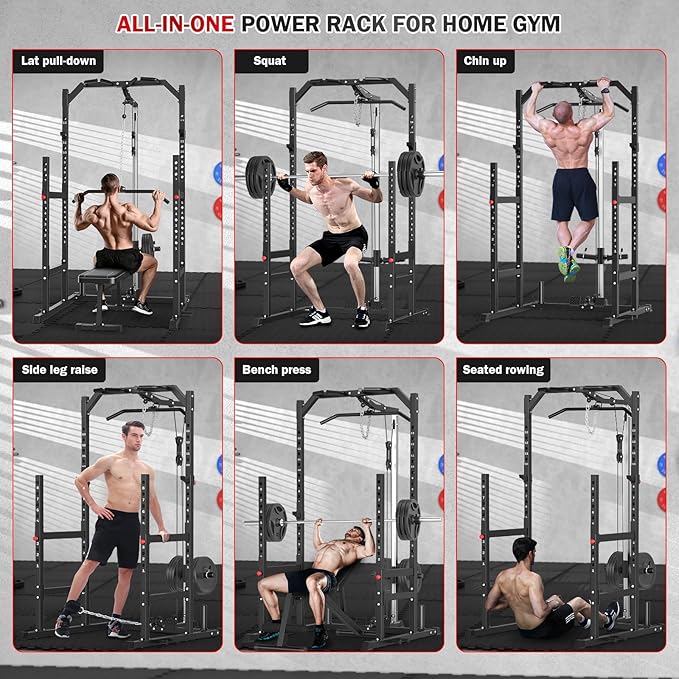 Power Cage, Multi-Function Power Rack with Pulley System Strength Training for Home Gym, Bench Press Squat LAT Pull-Down Pull-up Rowing, All in One Workout Cage