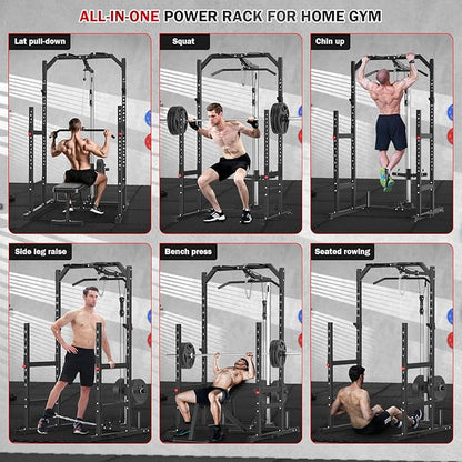 Power Cage, Multi-Function Power Rack with Pulley System Strength Training for Home Gym, Bench Press Squat LAT Pull-Down Pull-up Rowing, All in One Workout Cage