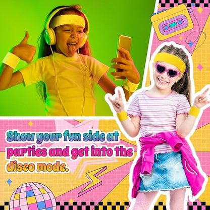 3 Pack Neon Sweatbands Set 80s Wristband and Headband Color War Accessories Sports Sweatbands for Summer Ball Party