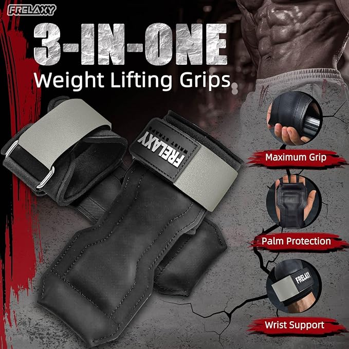 Frelaxy Lifting Wrist Straps, Rubber Weight Lifting Grips with Non-Slip Palm & Wrist Wraps Support for Deadlifts, Pull Ups, Rows, Heavy Powerlifting, Lat Pulldowns