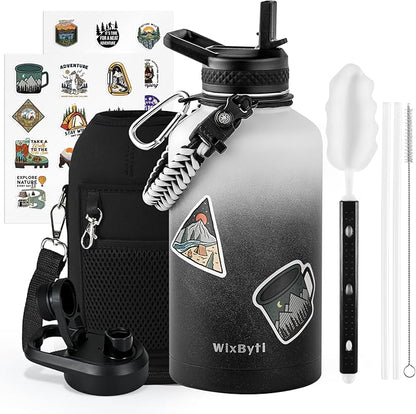 64 oz Insulated Water Bottle with Straw (Cold for 48 Hrs), Half Gallon Stainless Steel Triple Wall Vacuum Sports Water Jug, Leakproof Hydro Cup Flask with Straw Spout Lids & DIY Stickers