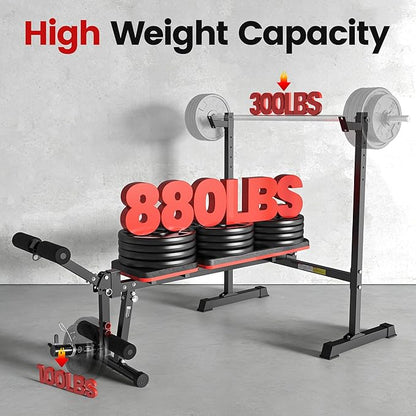 Weight Bench Set, 880LBS Adjustable Bench Press Set with Leg Extension and Barbell Rack, Safety Bar Catches, Fasting Foldable Workout Benches for Home Gym Fitness