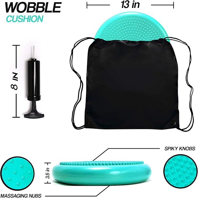 RFAQK Inflated Air Stability Wobble Cushion - Wiggle Seat to Improve Sitting Posture & Attention, Stability Balance Disc for Physical Therapy Exercise [Extra Thick, Pump, Bag, E-Book Included]