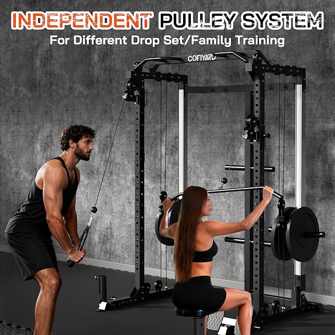 Power Cage, Power Rack with Dual Pulley System, Multi-Function Squat Rack with Cable Crossover, Home Gym Workout Machine