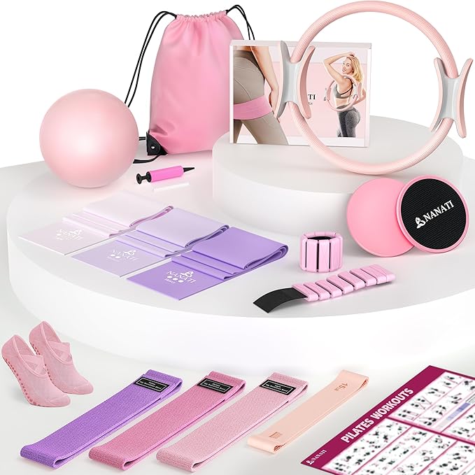 Pilates Kit, Pilates Essentials Kit for Women Home Workouts, Pilates Equipment with 14.5" Pilates Ring and Ball,7 Resistance Bands,Ankle Weights,Sliders & Grip Socks for Beginners