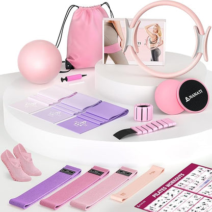 Pilates Kit, Pilates Essentials Kit for Women Home Workouts, Pilates Equipment with 14.5" Pilates Ring and Ball,7 Resistance Bands,Ankle Weights,Sliders & Grip Socks for Beginners