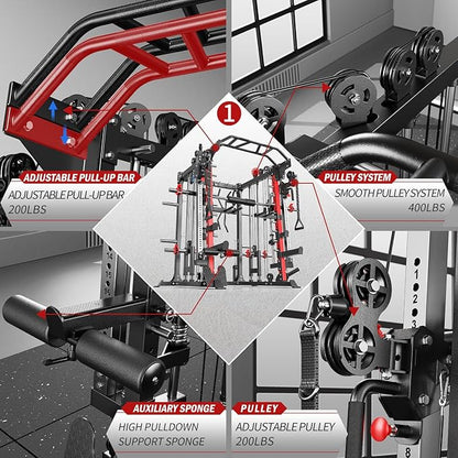 Smith Machine with Cable Crossover System, Multi-Function Squat Rack Power Cage for Home Gym, Power Rack and Packages Weight Sets