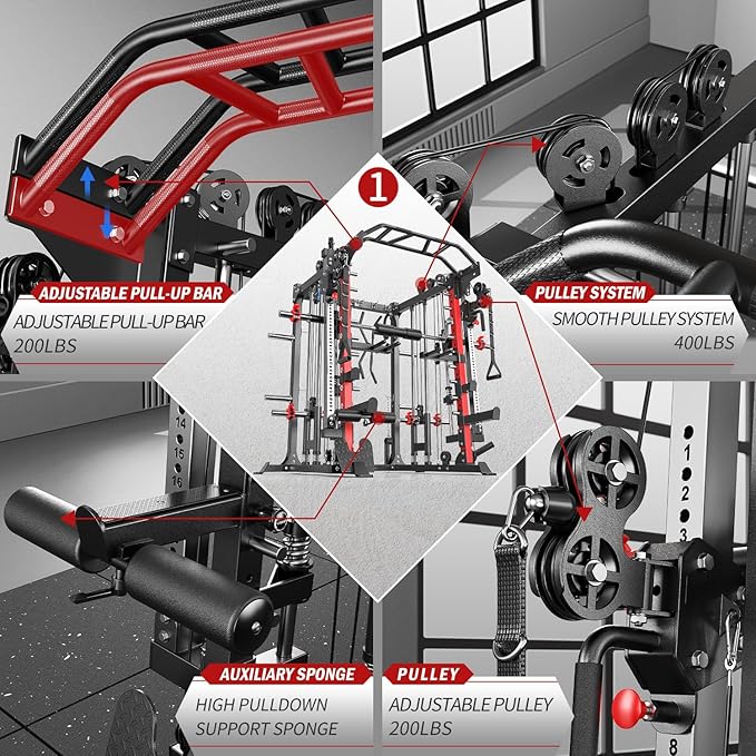 Smith Machine with Cable Crossover System, Multi-Function Squat Rack Power Cage for Home Gym, Power Rack and Packages Weight Sets
