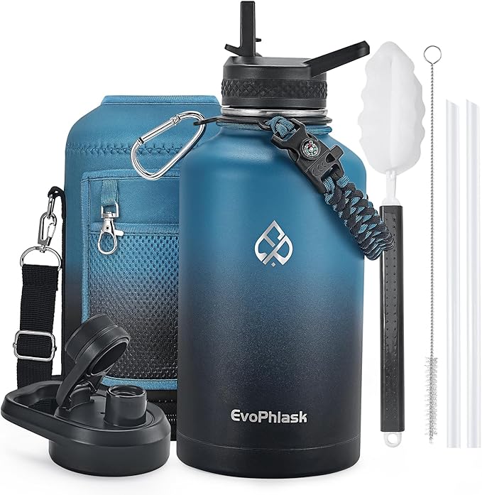 Insulated Water Bottle 64 oz, Vacuum Stainless Steel Water Bottle Keep Cold 48Hrs, Half Gallon Large Water Jug for Travel, Sport, Gym, Hiking with Carrier Bag, Indigo/Black