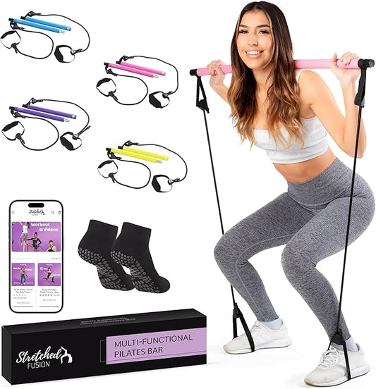 Stretched Fusion Pilates Bar Kit with Resistance Band for Home Workouts | Multifunctional Home Pilates Kit Set for Women & Men | Workout Bar for Legs, Hip, Waist and Arm, Includes 3 Bonuses