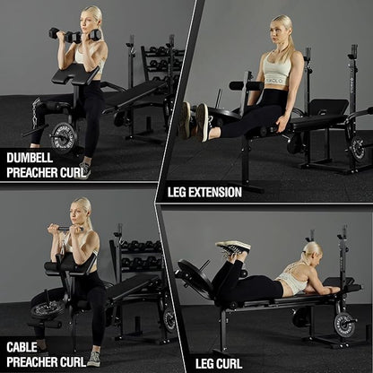 Mikolo 8 in 1 Olympic Weight Bench Set with Leg Extension and Leg Curl, Multi-Function Bench Press Set with Preacher Curl Pad and Chest Fly, Full-Body Strength Training Equipment