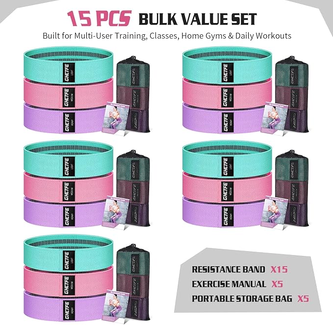 15PCS Fabric Resistance Bands for PT& Yoga Class, Athletes Training, Home Gym Exercise, Non-Slip Booty Bands Bulk Set for Glute, Leg Bands for Women, 3 Resistance Levels with Carry Bag