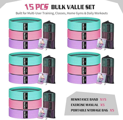 15PCS Fabric Resistance Bands for PT& Yoga Class, Athletes Training, Home Gym Exercise, Non-Slip Booty Bands Bulk Set for Glute, Leg Bands for Women, 3 Resistance Levels with Carry Bag